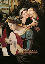 Galante Szene an den Toren von Paris, Detail eines Paares und eines Lautenspielers (Detail)